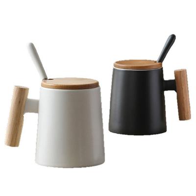 Wooden Handle Ceramic Cup Coffee Cup, Mug with Lid Spoon