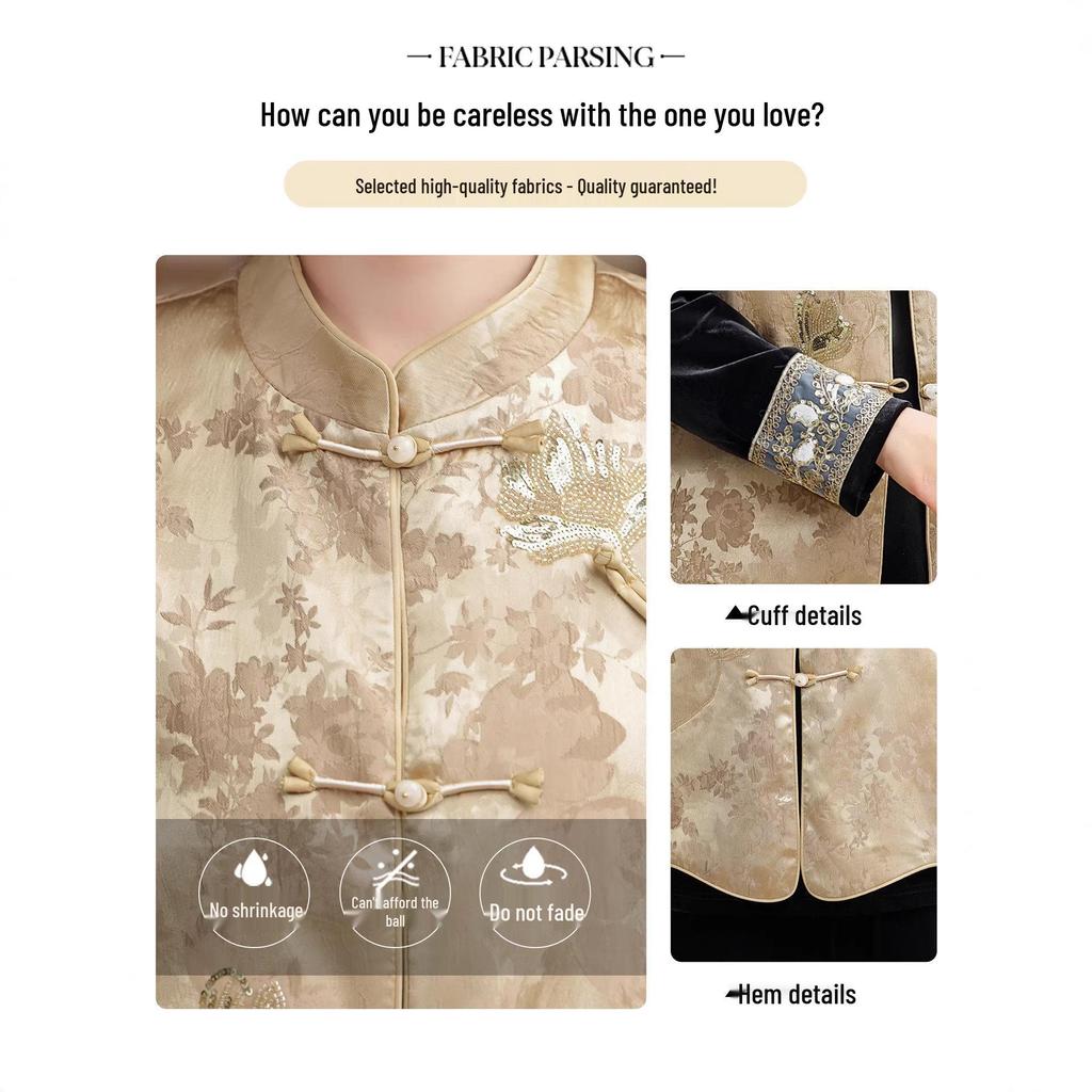 Elegant Mother's Set: Chinese-Style Spring Vest Jacket & Velvet Shirt for Middle-Aged Women