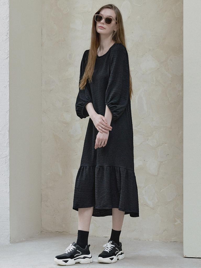 Avang Big Puff Long Shirring Dress - Black