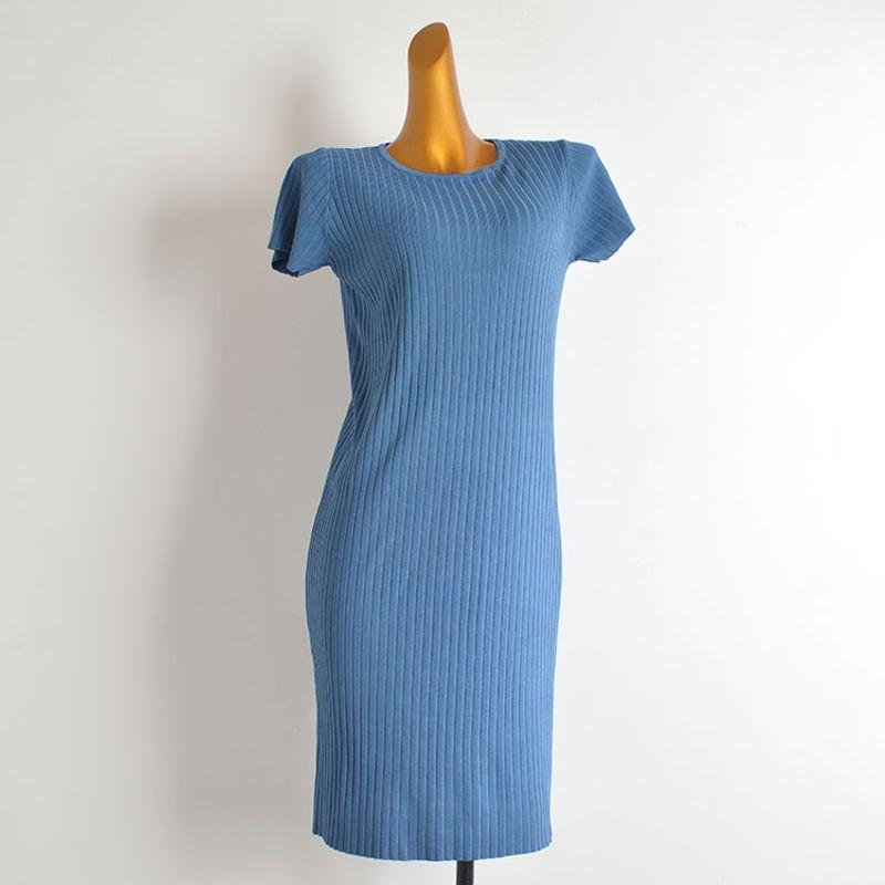 

Summer New Arrival Pure Color round Neck Pullover Short Sleeve Knitting Dress Women s Clothing Loose Slim Looking Mid Length Long Length Bodycon Dress Blue All yards