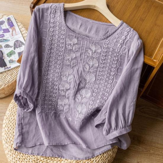 Camicia da donna girocollo mezza manica ricamo motivo floreale top tinta unita sottile retrò camicetta da indossare tutti i giorni