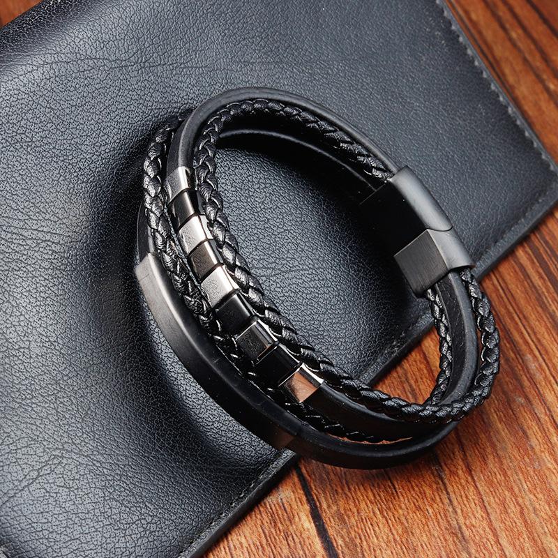 Men's Black Leather Bracelet Double Layer Rope Simple Stainless Steel Braided Handmade Wristband Outdoor Jewelry Accessories