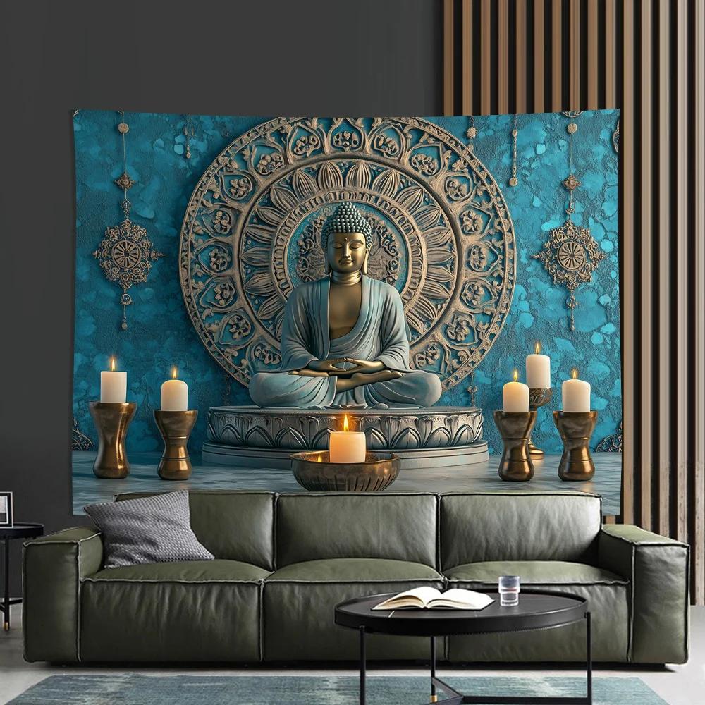 VIKAMA Meditations-Buddha Wandbehang, Vintage Blaue Buddha-Statue Mandala Wandteppich, Leichte Spirituelle Innenwanddekoration2