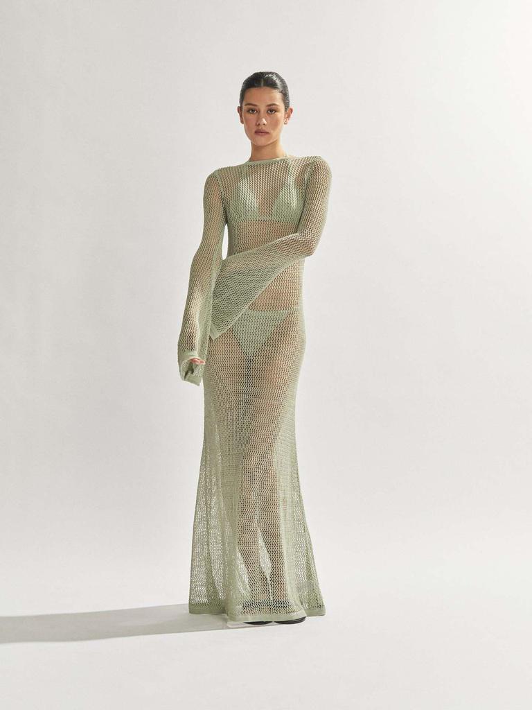 European & American Women's Summer Knitted Backless Long-Sleeve See-Through Floor-Length Dress