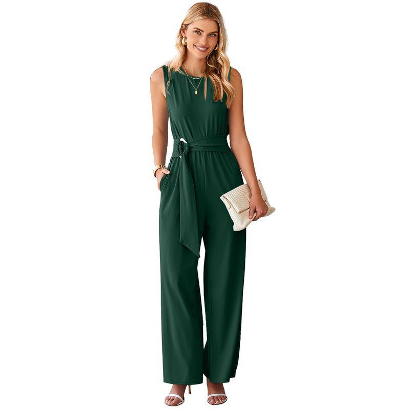 

American Shiying Elegant Lace-up Wide Leg Jumpsuit Women 2025 Summer New round Neck Sleeveless Jumpsuit Women Green P309 Size L fit (62.50 kg-70.00 kg