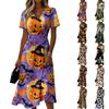 Women Halloween Print Casual V Neck Short Sleeve Dress Comfortable Fit with Festive Pattern for Holiday and Everyday Wear
