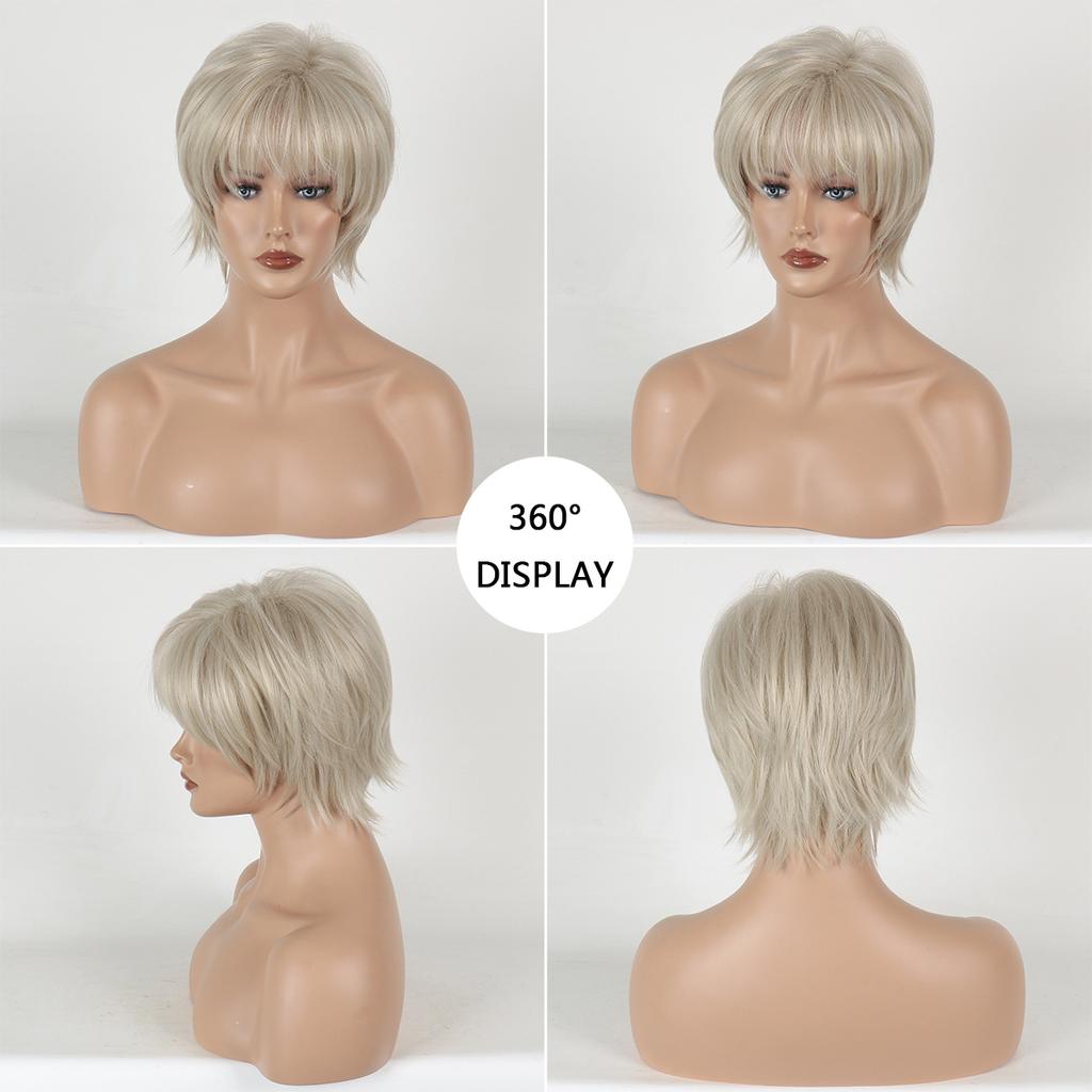 Women's Fashion Short Straight Synthetic Fiber Wig with Fluffy Bangs Ladies Daily Us Natural Looking Light Blonde Mixed Color Wigs
