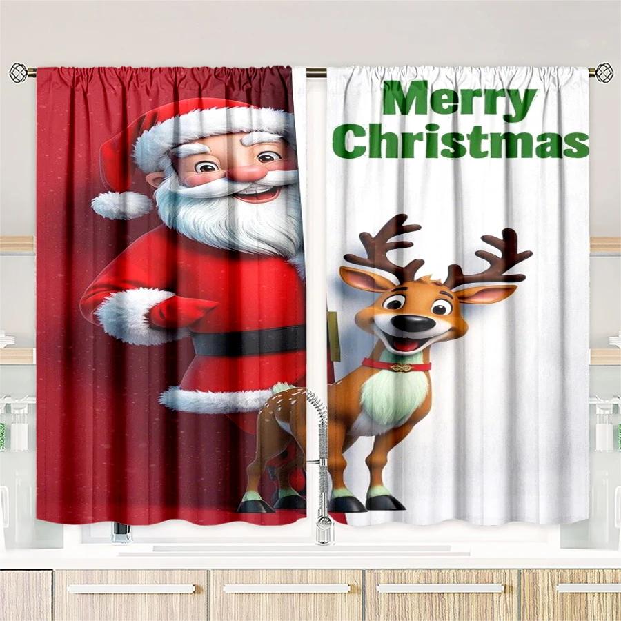 Set Of 2 Christmas Santa Claus Tree Pattern Printed Curtains Decorations Home Room Curtain Polyester Elegant