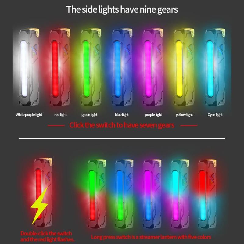 Nowa latarka LED RGB z bocznym światłem, ładowana przez USB, światło UV, magnetyczna lampa robocza, przełącznik dotykowy do użytku na zewnątrz, w sytuacjach awaryjnych, na kempingu