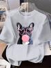Wearing Pink Heartshaped Glasses And Blowing Pink Bubble Gum Bullfighting Dog Pattern Womens Clothing New Womens Tshirt