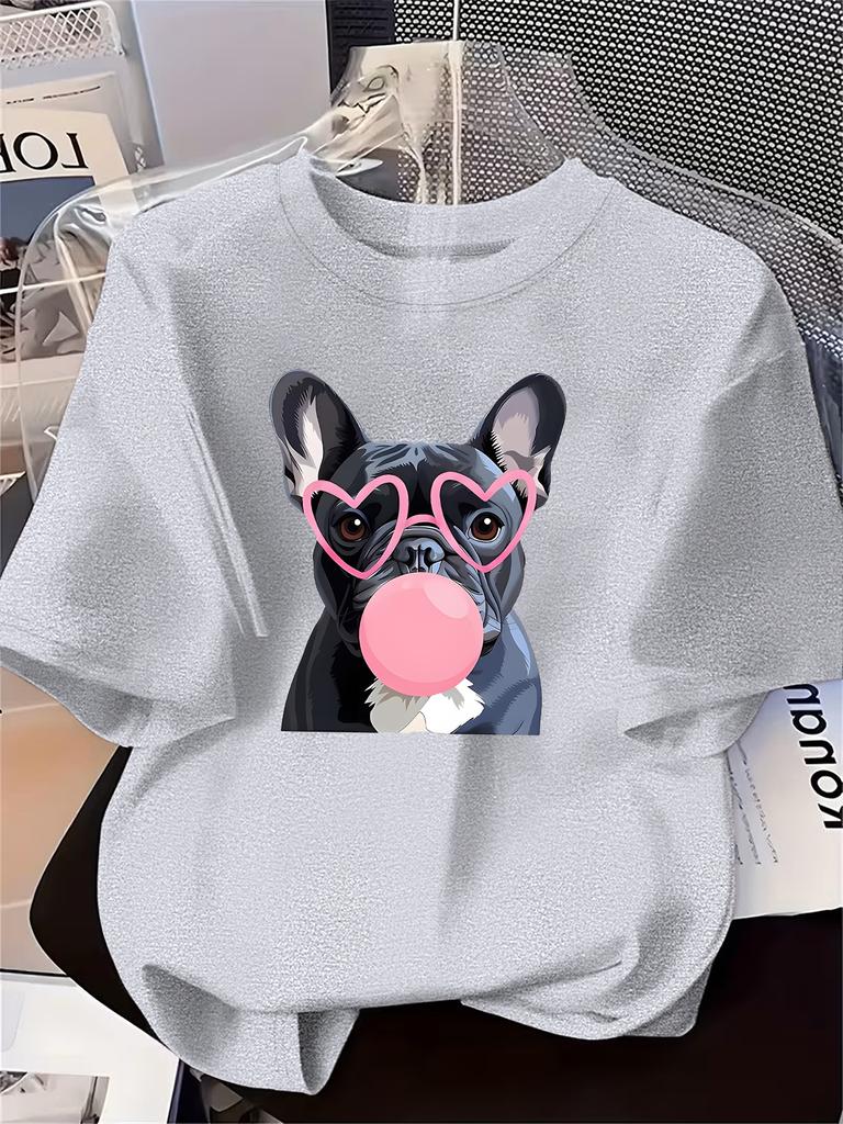 Wearing Pink Heartshaped Glasses And Blowing Pink Bubble Gum Bullfighting Dog Pattern Womens Clothing New Womens Tshirt
