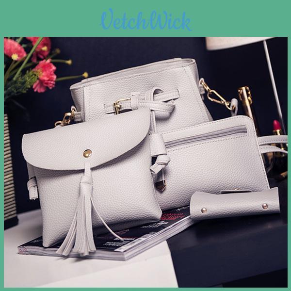Elegant 4pcs Women Lady Handbag Set In Premium Pu Leather With Adjustable Strap