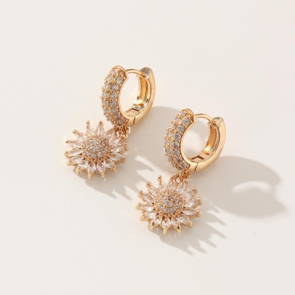 1 Pair Fashion Sun Flowers Dangle Earrings for Women Cubic Zirconia Jewelry Daily Wedding Party Accessories