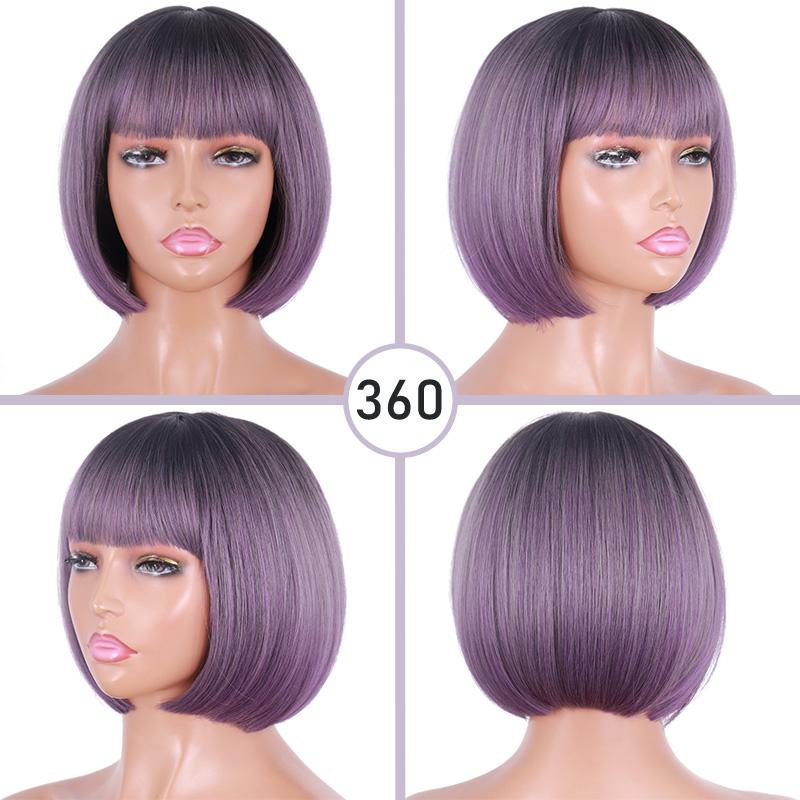 MERISIHAIR Women Grey Purple Short Bob Wig with Bangs Shoulder Length Gradient Black Purple Synthetic Fiber Wig for Women