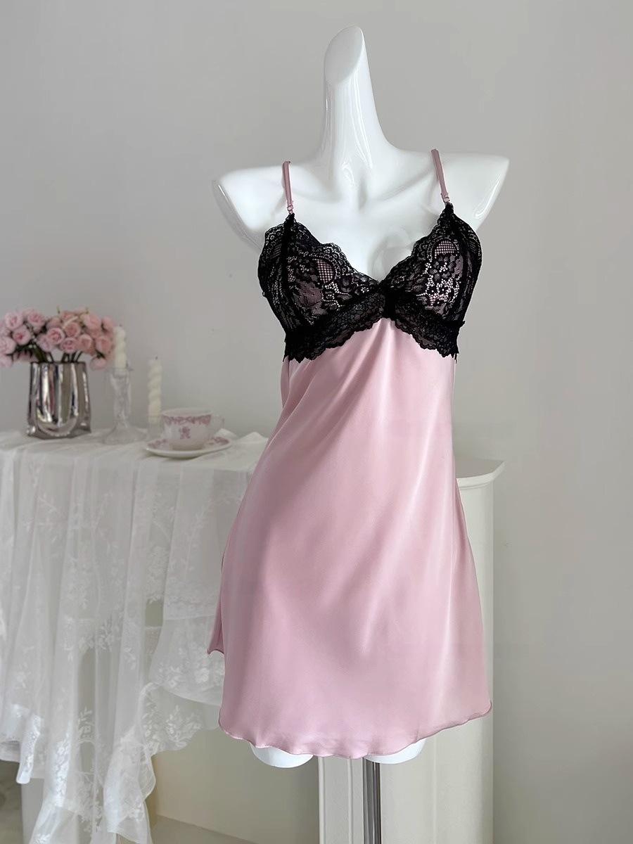 

Пижама женская весенне-летняя ночная рубашка на подвязках с длинными рукавами, комплект из двух предметов, сексуальная ночная рубашка из ледяного шелка, чистое желание, очаровательная одежда для дома XL 120-70 kg