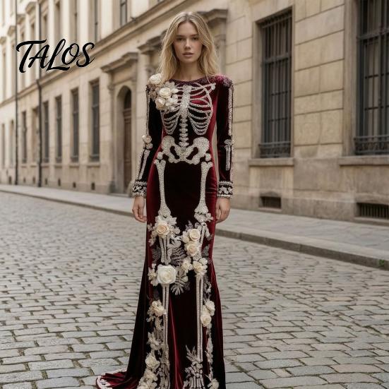 Disfraz Cosplay de Halloween para Mujer con Estampado de Esqueleto Vestido Largo, Vestido Largo Gótico con Mangas Largas y Decoración de Flores 3D para Actuación en Escenario, Terciopelo Floral para Fiesta