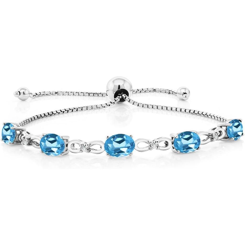 Gem Stone King 3-6 Cttw Gemstone Birthstone and Accent Lab Grown Diamond Tennis Bracelet For Women | 925 Sterling Silver | 7X5MM Oval | Adjustable
