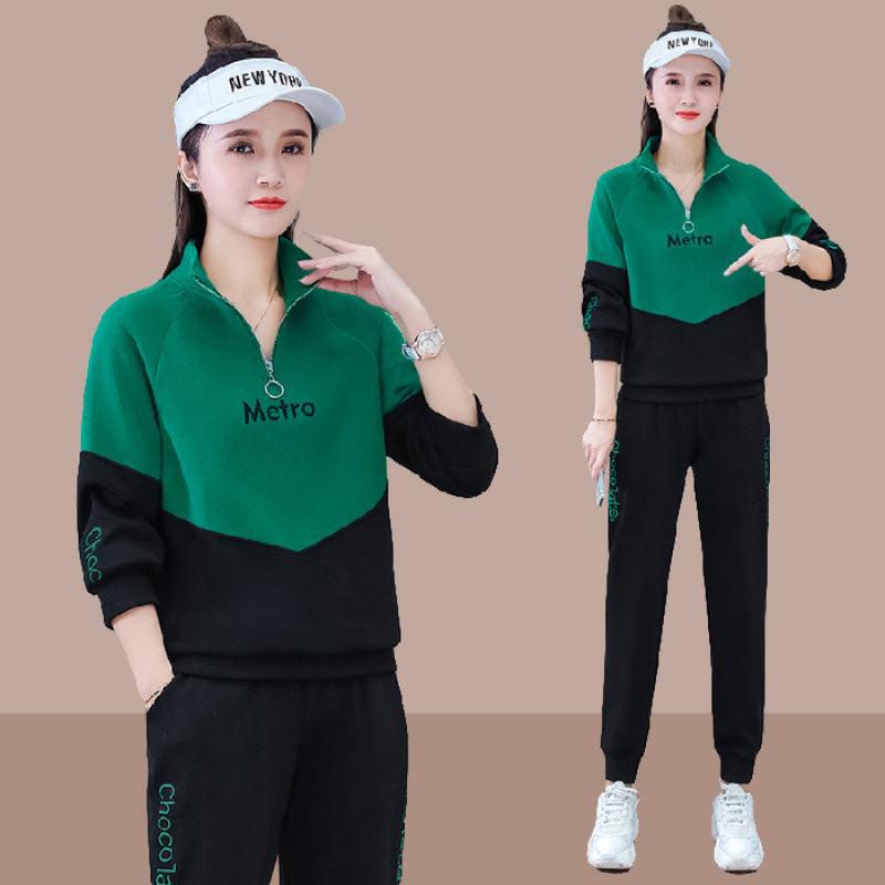 Women's Plus Size Color Block Zipper Suit: Stylish Spring/Autumn Casual Sportswear Two-Piece Set for Middle-Aged & Elderly