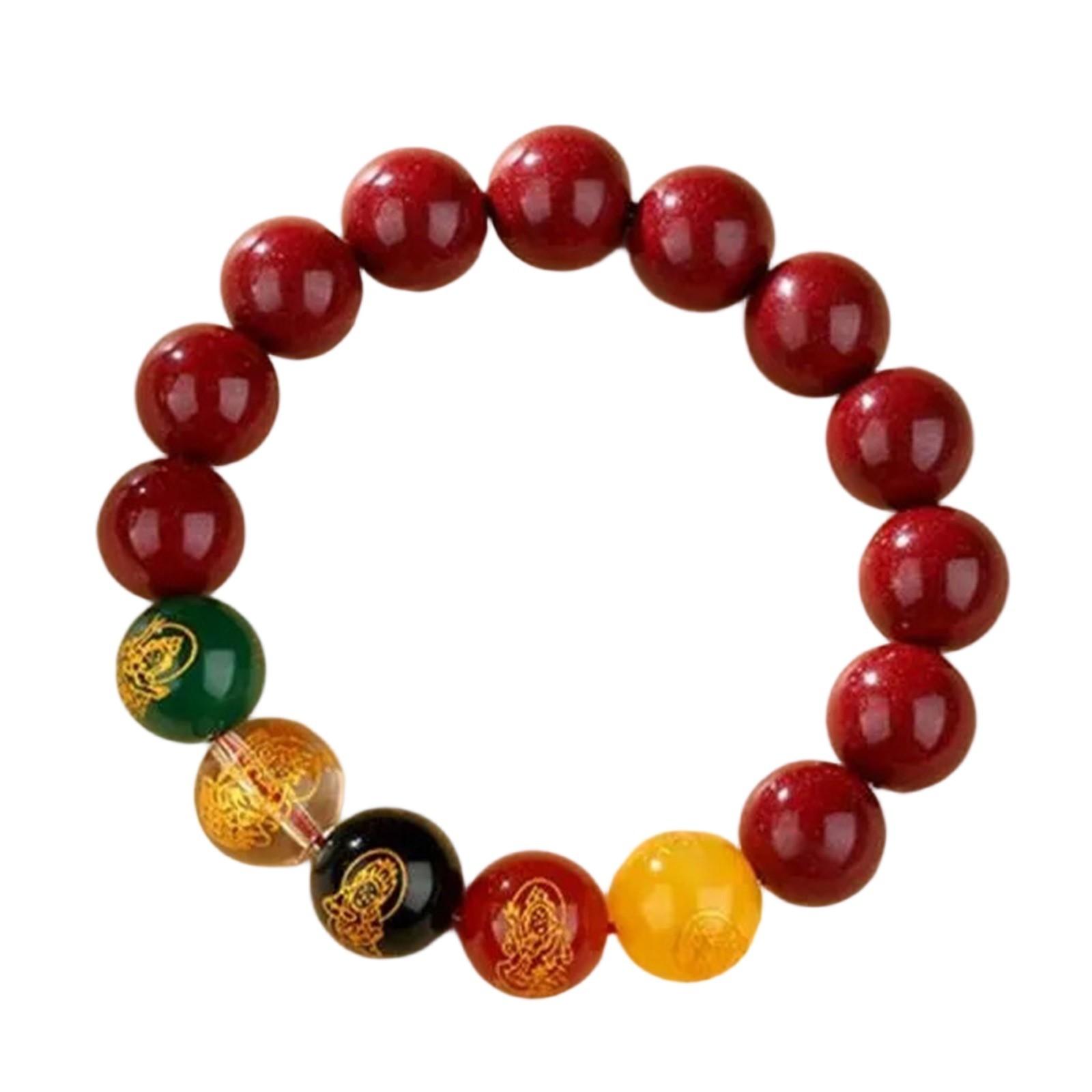 Natural Imitation Cinnabar Beads Bracelet Five-Way Wealth God Bracelet 10mm Beaded Stretch Bracelet for Daily Wear and Collection One Size