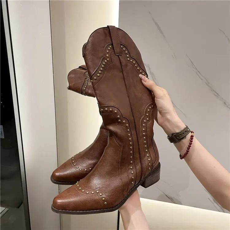 Fashion 2025 Spring New Retro Rivet Western Cowboy Boots Women's Knight Boots British Style Square Head Thick Heel High Boots