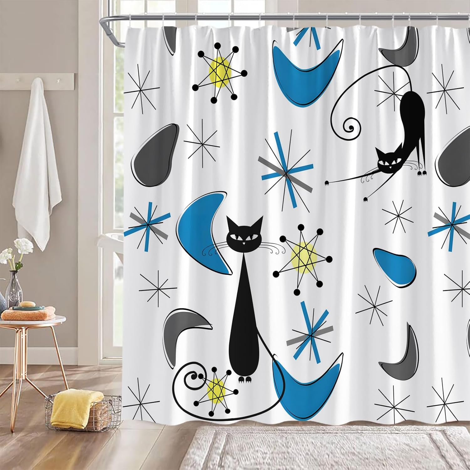 

Mid Century Atomic Cat Shower Curtain Pink Gray Blue Modern Abstract Geometric Black Cat Retro 50S Fabric Bathroom Decor Curtain W60H190(CM)-1 Pcs