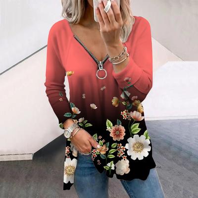 Women Autumn Black Peony Printed Long Sleeve T-Shirts Loose V-Neck Plus Size Tee Shirt Tops Comfy Blouse