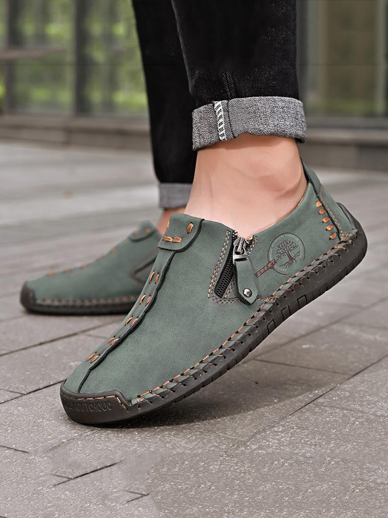 Herrars Handgjorda Vintage Loafers, Stilfulla Casualskor med Sidodragkedja, Flatskor för Vardagsbruk under Alla Årstider, Bekväma Herrskor i Stor Storlek