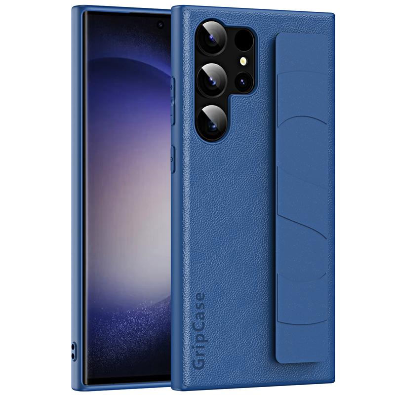 

Back Case for Samsung Galaxy S23 Ultra Litchi Texture PU Leather Coated PC+TPU Phone Cover with Wristband Blue
