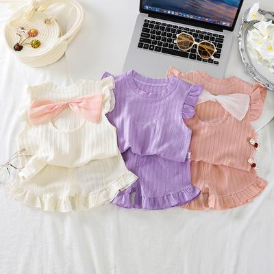 Girls Summer Sweet Bow Tie Flutter Sleeve Ruffle Shorts Two Piece Set Baby Lace Homewear Outfit