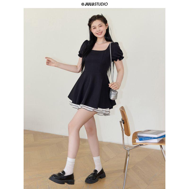 Julu Studio Sky Island Lighthouse Slightly Oversized Girls Square-Cut Collar Elegant Waist-Tight Slim Looking Plus Size Dress Black Short Dress M