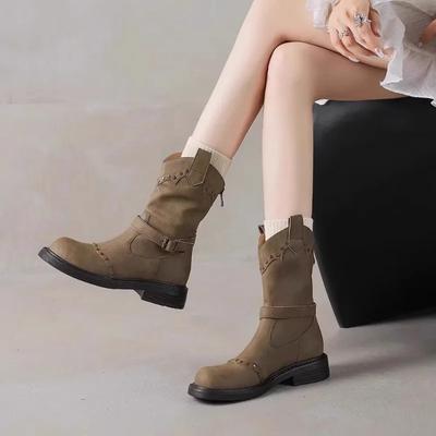 Fashion 2024 High Quality Ladies Shoes Back Zip Women's Boots Fashion Rivet Modern Boots Women Winter Belt Buckle Mid-Calf Boots Zapatos