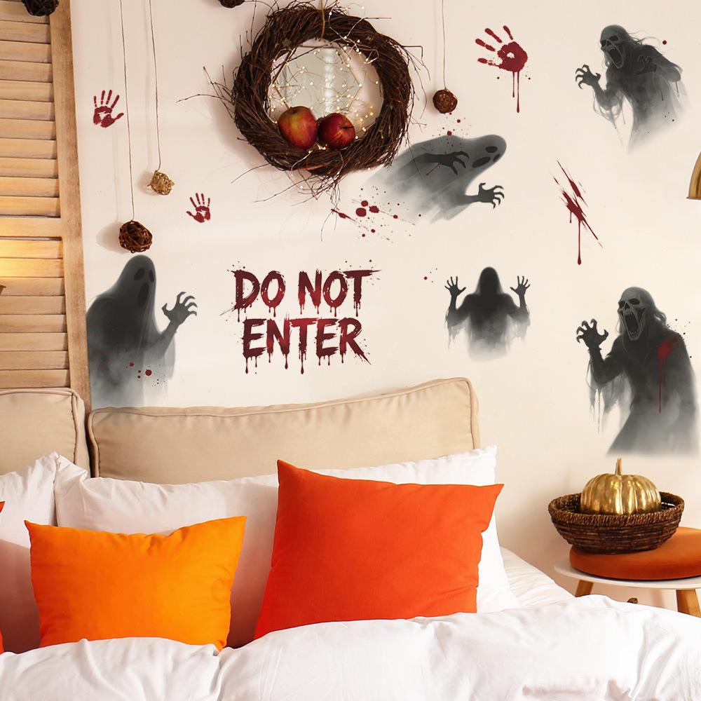 Halloween Terrifying Faceless Ghost Bloody Handprints on Balcony, Window Glass, Window Stickers