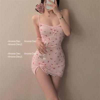 DEC Cherry Girl Modal Camisole Nightdress with Breast Pads: Seductive Cherry Pure Desire Style Sleepwear