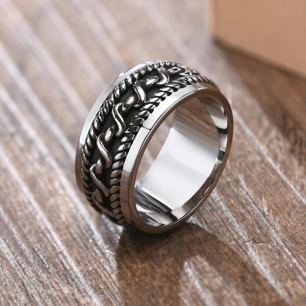 Vintage Ring Man,Stainless Steel Twisted Rope Design Textured Pattern Ring, Men's Zircon