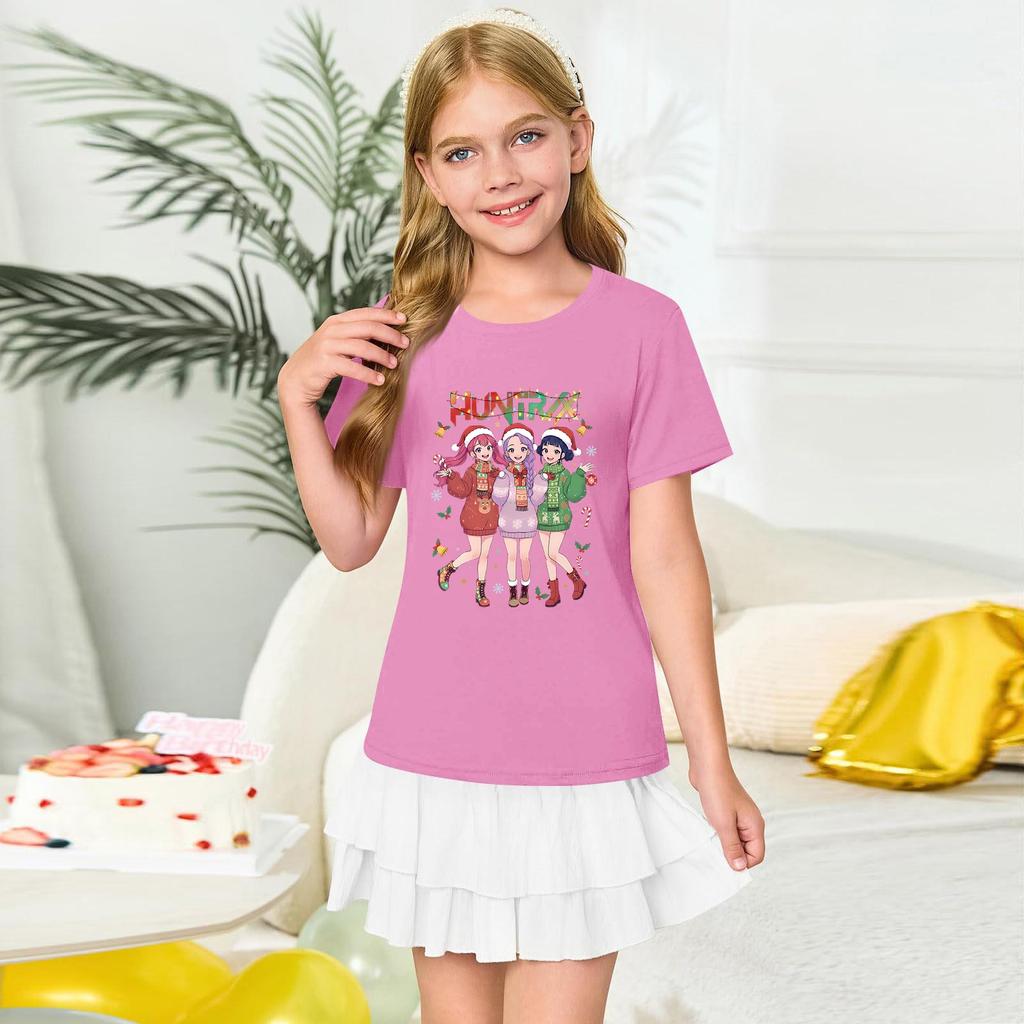 Girls' Round Neck Short Sleeves Christmas Witch Group Print Casual Short Sleeves