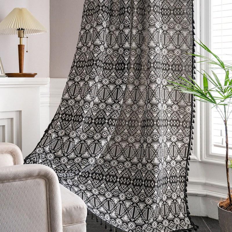 

Bohemia Black Geometry with Tassels Curtain Thick Blackout Curtains for Living Room American Style Vintage Drape Kitchen Valance W150 x H160cm&Threading Rod
