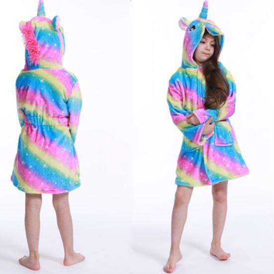 Cute Kids Boys Girls Unicorn Long Sleeve Hooded Pocket Sash Bathrobe