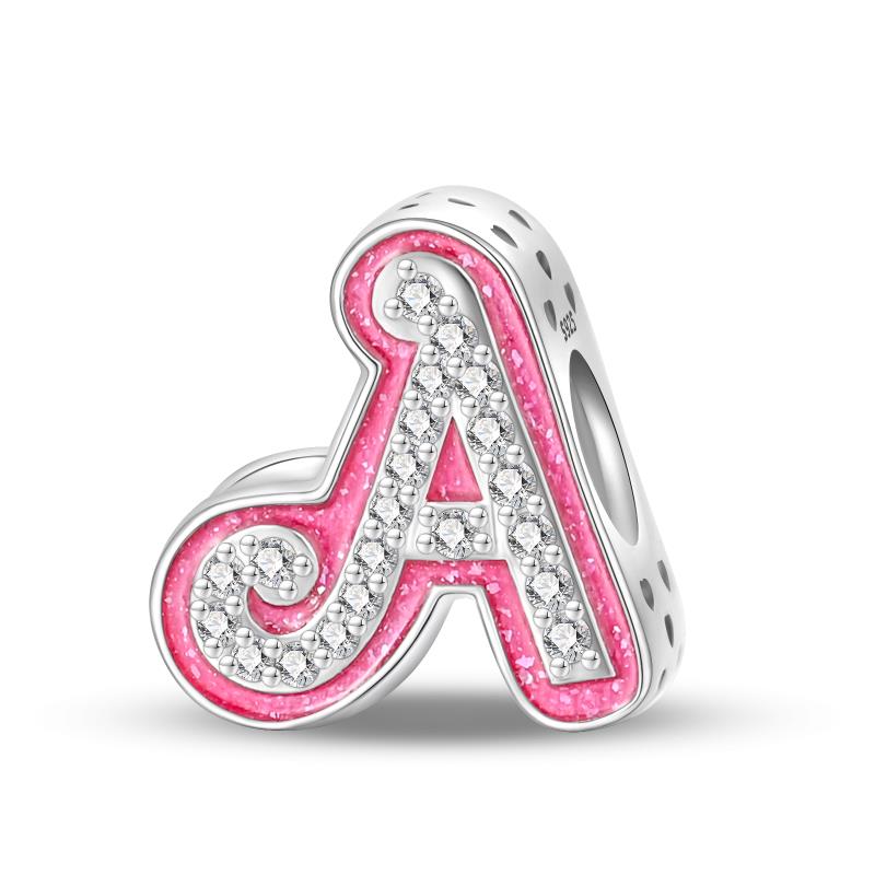 A-Z 26 Alphabet Charms Copper English Letters Charm Pave Pink Cz Fit Pan Original Bracelets Diy Jewelry For Women