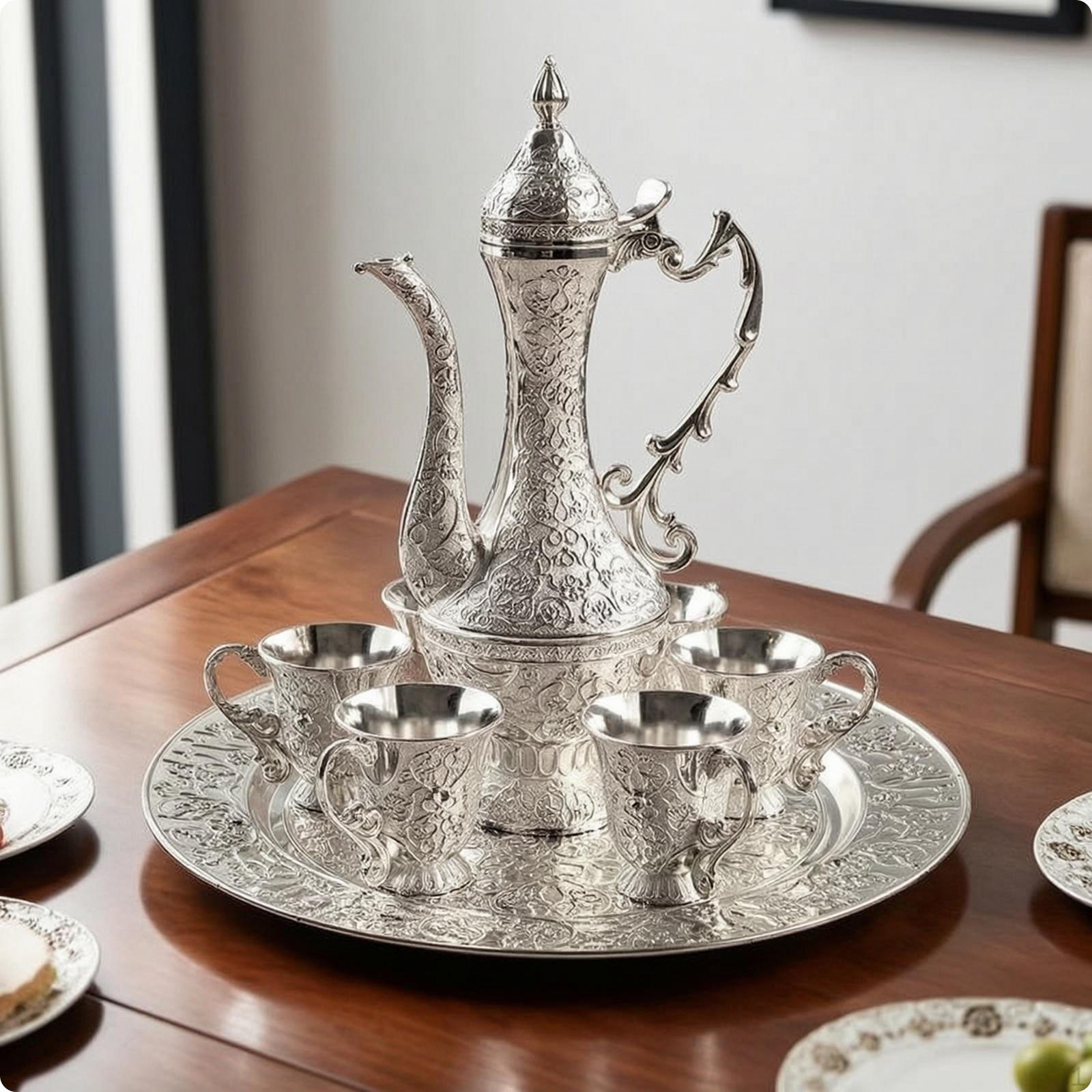 Turkish Coffee Pot and Cups SilverToned