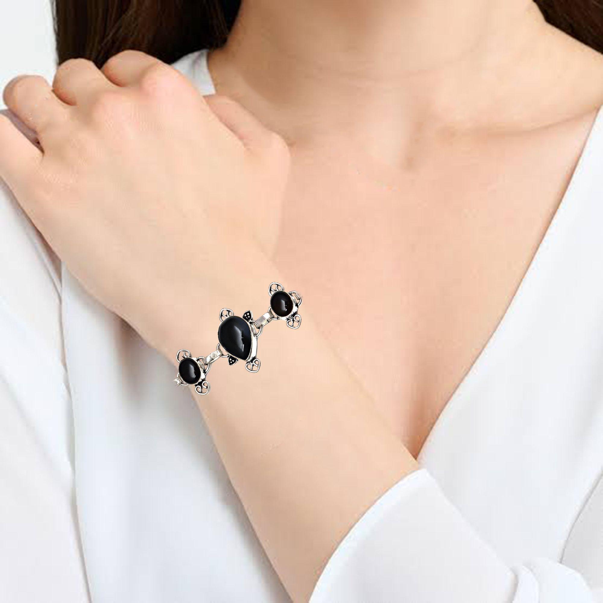 

Черный серебряный браслет из оникса, манжета из стерлингового драгоценного камня, ручная работа, винтажное серебро