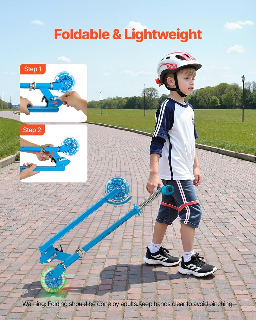 Kick Scooter for Kids Ages 3+, 2-Wheel Toddler Scooter with Light-Up Wheels, Adjustable Height Handlebar, Wide Anti-Slip Deck, Foldable Lightweight
