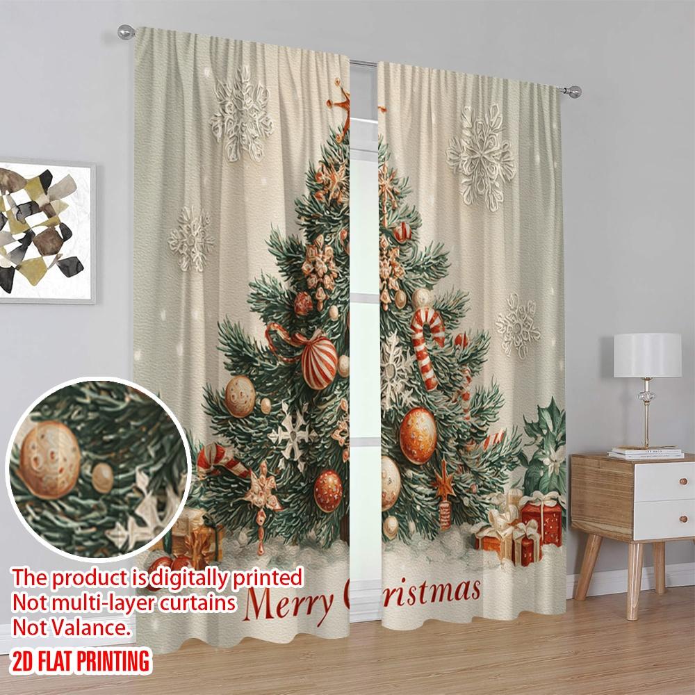 2pcs,2D plane printing Curtains&Window Treatment Christmas Tree (2) Versatile Polyester Fabric (without rod) Decorations Inside