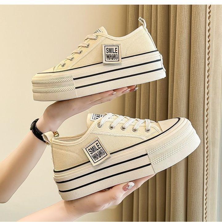 Platform Canvas Shoes Women's 2025 Spring and Summer New Korean Version Small Height Increase Lace-up Low-top Board Shoes Popular White Shoes