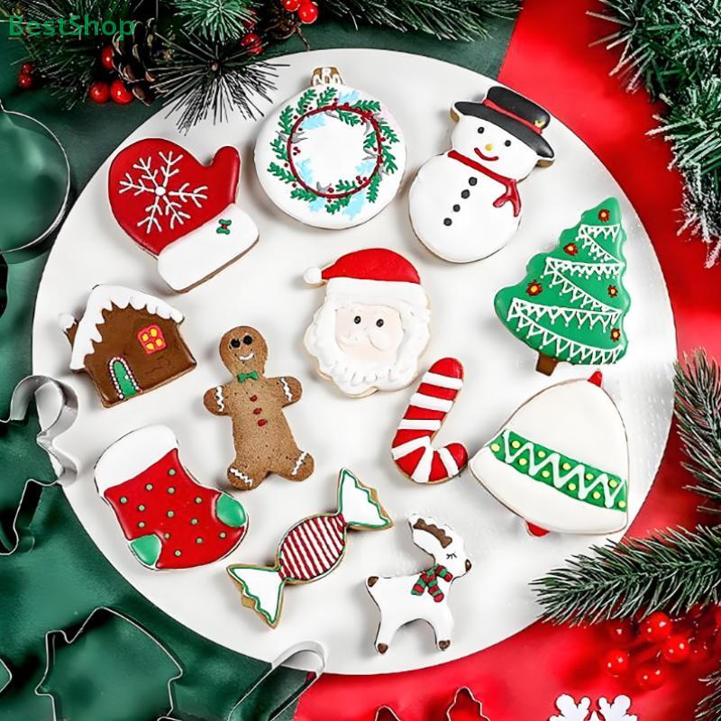 Hot 12Pcs Christmas Cookie Cutter Stainless Steel Bell Christmas Tree Fondant Cake Mold Baking Tool Mousse Ring Cookie