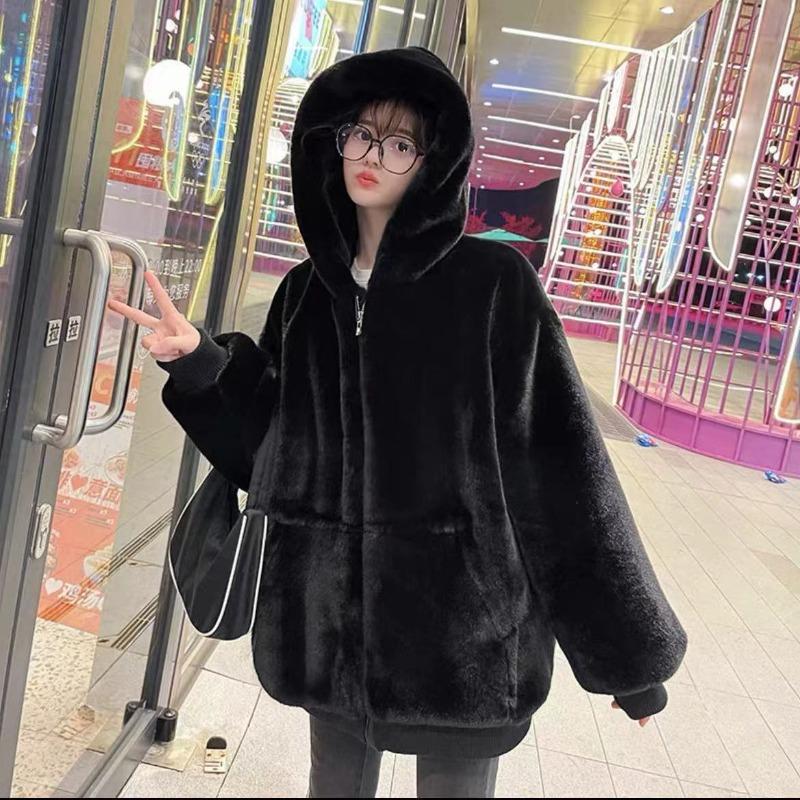 

New imitation Rex rabbit fur coat women s winter medium and long thickened hooded lamb wool plush coat XXL чёрный