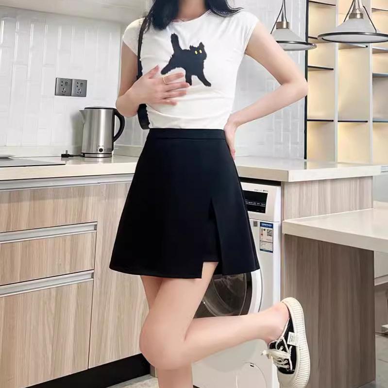 Kadınlar İçin 2024 Siyah Yüksek Bel A Kesim Etek Açık Bacak Yırtmaçlı