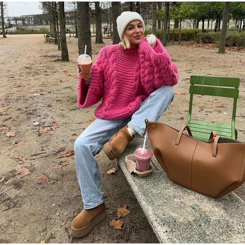 European & American 2024 Women’s Retro Knit Round Neck Solid Color Plus Size Casual Sweater