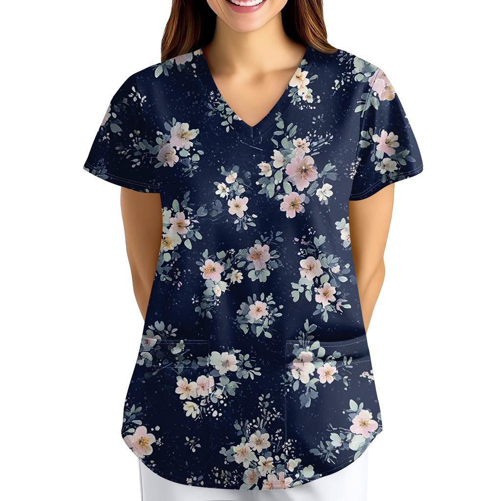 Plus size bedrukte scrub werkkleding tops voor dames met V-hals en print, korte mouwen, leuke T-shirts, werkkleding T-shirt met zakken