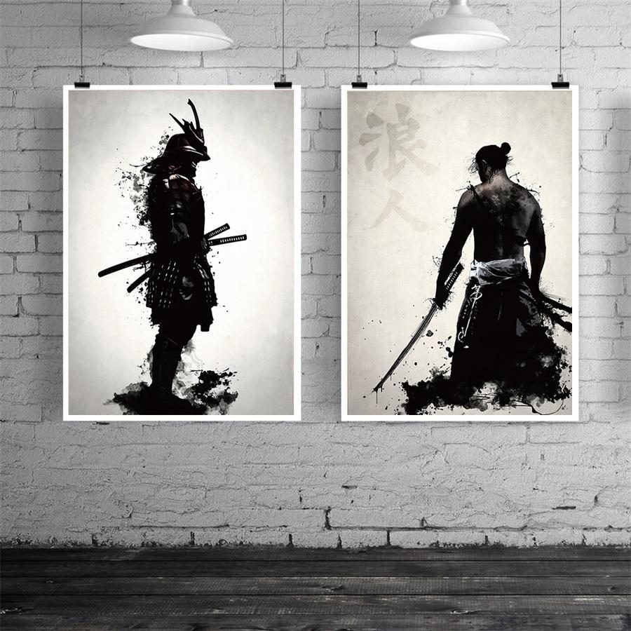 Vintage japansk Samurai plakat trykt lerret Moderne stue Tegning Art Dekor Svart Hvit Foto Veggdekorasjon
