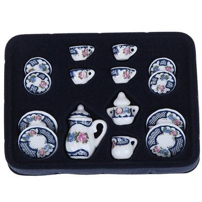 1:12 Miniature 15Pcs Porcelain Tea Cup Set Chintz Flower Tableware Kitchen